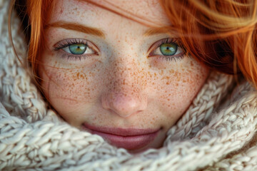 Wall Mural - A woman with green eyes and red hair is wearing a white scarf