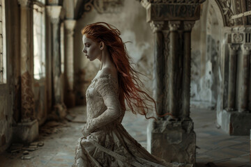 Wall Mural - A woman in a long dress with red hair is walking through a dark, empty room