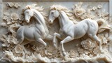 Fototapeta  - white stone horses on the wall, marble background