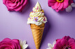 Sorbetes cone with pink petals on violet background