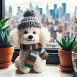 Cute woolen dog puppet leaning on the city window, ornament toy