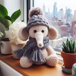Cute woolen elephant puppet leaning on the city window, ornament toy