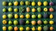 A variety of fruits, including apples and pears, are arranged in a grid on a green background.