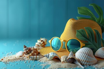 Wall Mural - summer blue banner with yellow hat ,sunglasses,seashell and monstera leaf on blue background