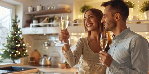 Wall Mural - A couple toasting with champagne in their new kitchen, celebrating their home purchase. 