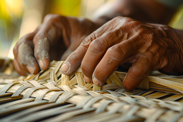 Wall Mural - a hand weaving a traditional palm leaf basket