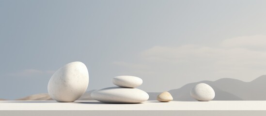 Poster - A gesture of balance captured in still life photography with a group of white rocks stacked on a table, showcasing the beauty of macro photography