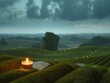 A candle is lit on a grassy hillside. The candle is surrounded by a field of grass and trees