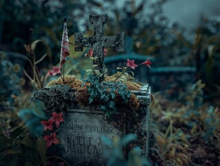 Canvas Print - A cemetery with a gravestone and a cross on top of it. The cross is surrounded by flowers and moss