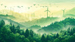 A landscape of lush greenery with wind turbines and flying birds, symbolizing renewable energy.