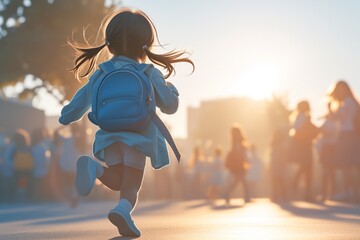 child running hurrying to the school for classes lessons in Welcome back to school concept