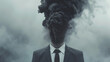 surreal background, man wearing suit, head is made out of black smog rising up, flat grey background. Generative Ai.