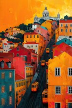 Folk Art Painting Featuring A Minimalist View Of The Portuguese Touristic City Lisbon.