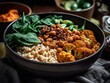 Delicious, healthy vegan Buddha bowl with brown rice, roasted chickpeas, spinach, cauliflower, tahini dressing.