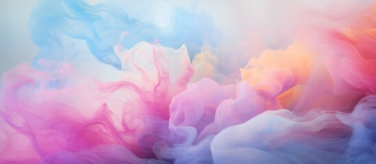 Sticker - A closeup image of a cumulus cloud of colorful smoke in shades of pink, violet, magenta, and electric blue floating on a white background, capturing a mesmerizing meteorological phenomenon event