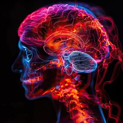 Wall Mural - An X-ray of A human brain scan, with different areas illuminated in a spectrum of neon colors