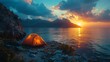 camp tent near sunset ocean , concept of summer vacation