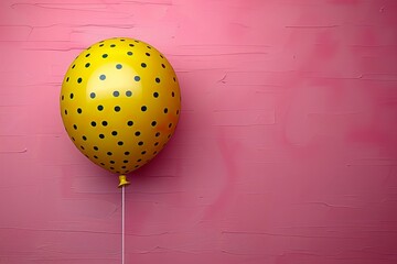 Wall Mural - yellow balloon with polka dots on a pink background 