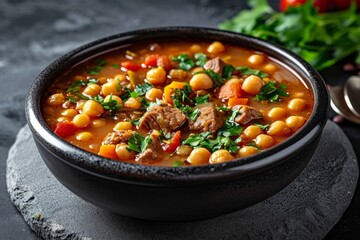 Moroccan Harira Soup in a black bowl on a tabletop made of grey concrete. Moroccan cuisine dish called harira contains lamb or beef, chickpeas, lentils, tomatoes, and cilantro. Generative AI 