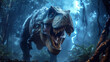 T-rex roaring fiercely against a backdrop of an ancient dense Jurassic jungle under a dark blue stormy night sky. Rain pours heavily and lightning strike