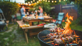 Fototapeta Natura - Delicious shashlik skewers with meat and vegetables on a charcoal grill outdoors