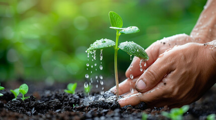 Photograph of hands and nature in harmony, watering a young plant, ideal for sustainable gardening and conservation themes.