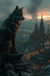A artistic portrayal of a solitary wolf seated on an elevated platform overlooking a neo-gothic cityscape at dusk.