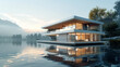 Modern lakeside house with large windows and a flat roof, reflecting on the calm lake surface during a serene morning with soft sunlight and mist over distant mountains.