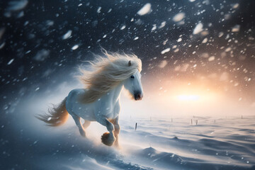 white Friesian stallion galloping field.