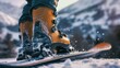 A precise macro view captures the snug fastening of snowboarder boots onto the board, emphasizing the meticulous balance and control essential for navigating snowy slopes.