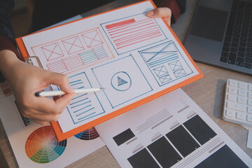 Wall Mural - ux ui design process for modish mobile application and website . creative prototype of wireframe for