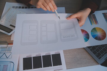 Wall Mural - ux ui design process for modish mobile application and website . creative prototype of wireframe for