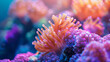 Vibrant underwater marine life showcasing a coral reef with a sea anemone in focus, surrounded by a variety of colorful corals in a mesmerizing aquatic environment.