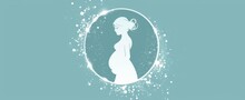 Pregnant Woman In A Round Frame On A Blue Background. The Circular Border Is Surrounded By Small White Dots, Banner, Healthy Pregnancy.