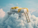 Fototapeta  - Surreal floating bed on a cloud with ladder against a blue sky, symbolizing peace, dream, and relaxation.