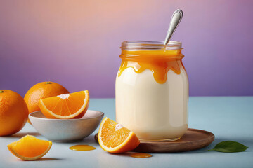 Wall Mural - Delicious yogurt or parfait with orange sauce and orange in glass jar on a pastel background, summer breakfast.