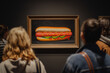 Museum visitors contemplate a hyperrealistic painting of a classic hot dog, with the artwork dramatically lit on a dark wall