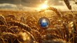 A mystical amulet lies in a field of golden wheat its jewel reflecting the sun in kaleidoscopic patterns across the stalks