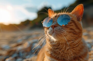 Wall Mural - cute red cat relaxing on sandy beach