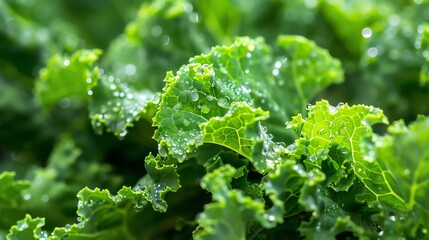 Sticker - Close-up of green kale leaves with water drops. The leaves are arranged in a rosette pattern and have a slightly wrinkled texture.