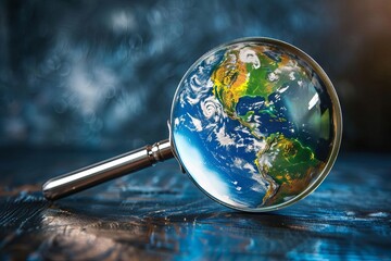 Planet Earth under a magnifying glass, concept of global search and exploration