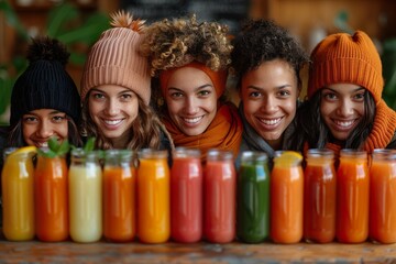 Wall Mural - Group of happy friends drinking juice and lemonade at cafe. 