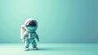 Little astronaut in white spacesuit with blue and red details standing on the pale blue surface of an alien planet. 3D rendering.