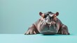 A cute hippopotamus is resting on a blue background. The hippo is looking at the camera with a curious expression.
