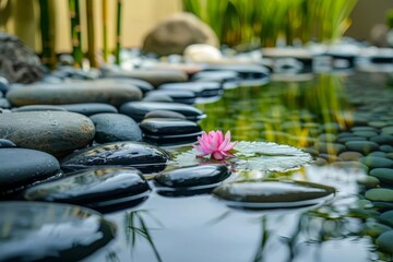 Sticker - Zen garden with stones, bamboo, flower and water, tranquil and harmonious atmosphere, relaxation and wellness concept