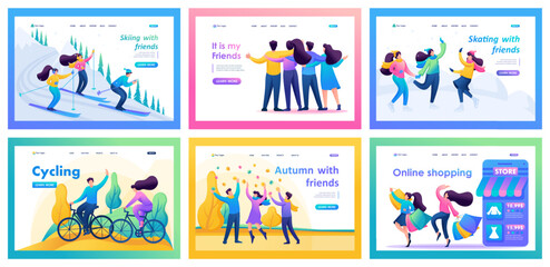 Wall Mural - collection of vacation landing pages with friends. joint walks, shopping, cycling, recreation. carto