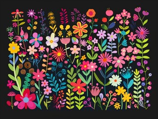 Wall Mural - A painting featuring vibrant flowers in various colors set against a dark black background, creating a striking contrast