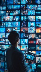 Person using tablet control multiple digital screens with media content. Modern multimedia