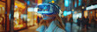© Luluraschi - young woman wearing VR glasses in the streets, futuristic and cinematic look, future of artificial intelligence, new world