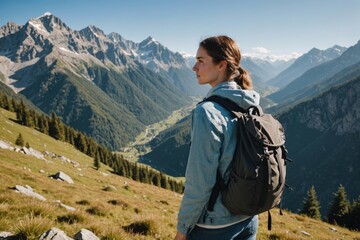 Young woman with backpack standing in front of and mountains